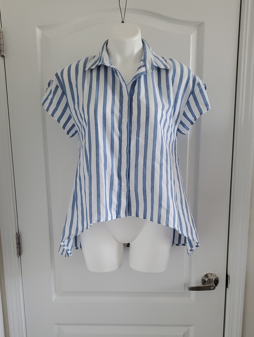 Blue & White Striped Button-Front Women's Top
